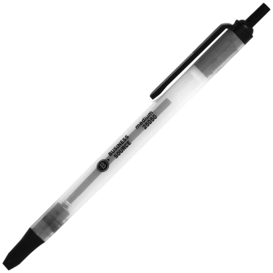 Business Source Retractable Ballpoint Pens - Medium Pen Point - Retractable - Black - Gray Barrel - 1 Dozen = BSN25050