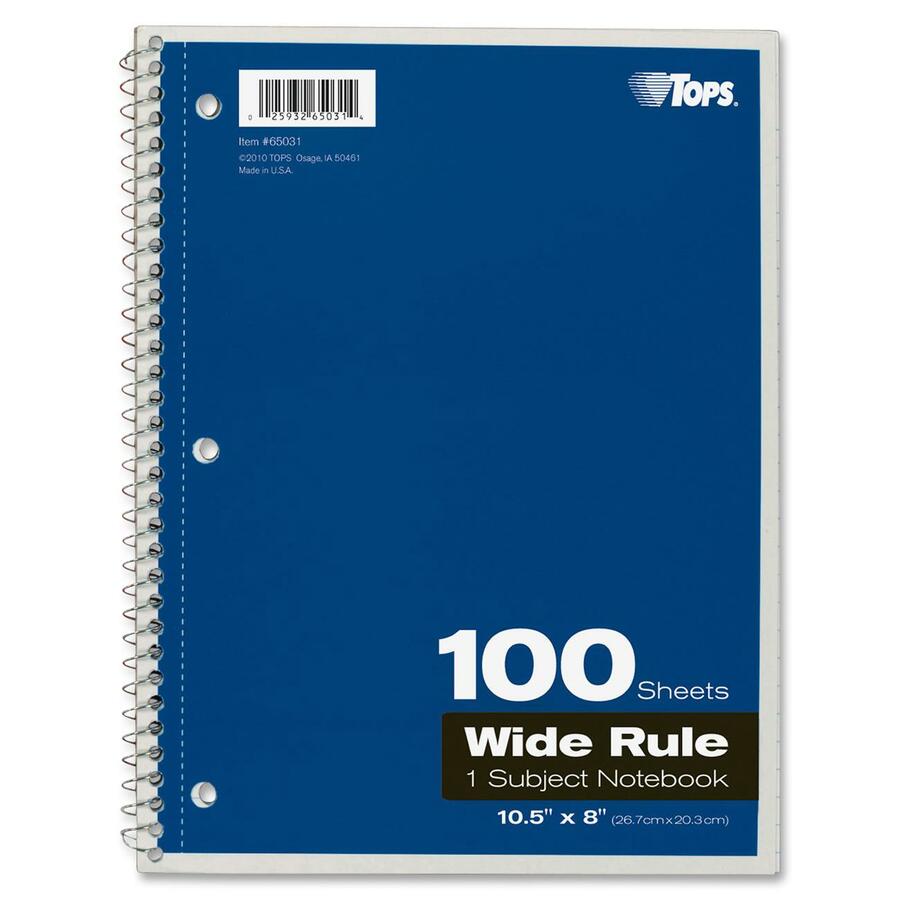 TOPS Wide Rule 1-subject Spiral Notebook - 100 Sheets - Wire Bound - 10 1/2" x 8" - 0.25" x 8" x 10.5" - Assorted Paper - BlackCard Stock, Red, Blue, Green, Purple Cover - Perforated, Subject, Easy Tear, Durable Cover - 1 Each