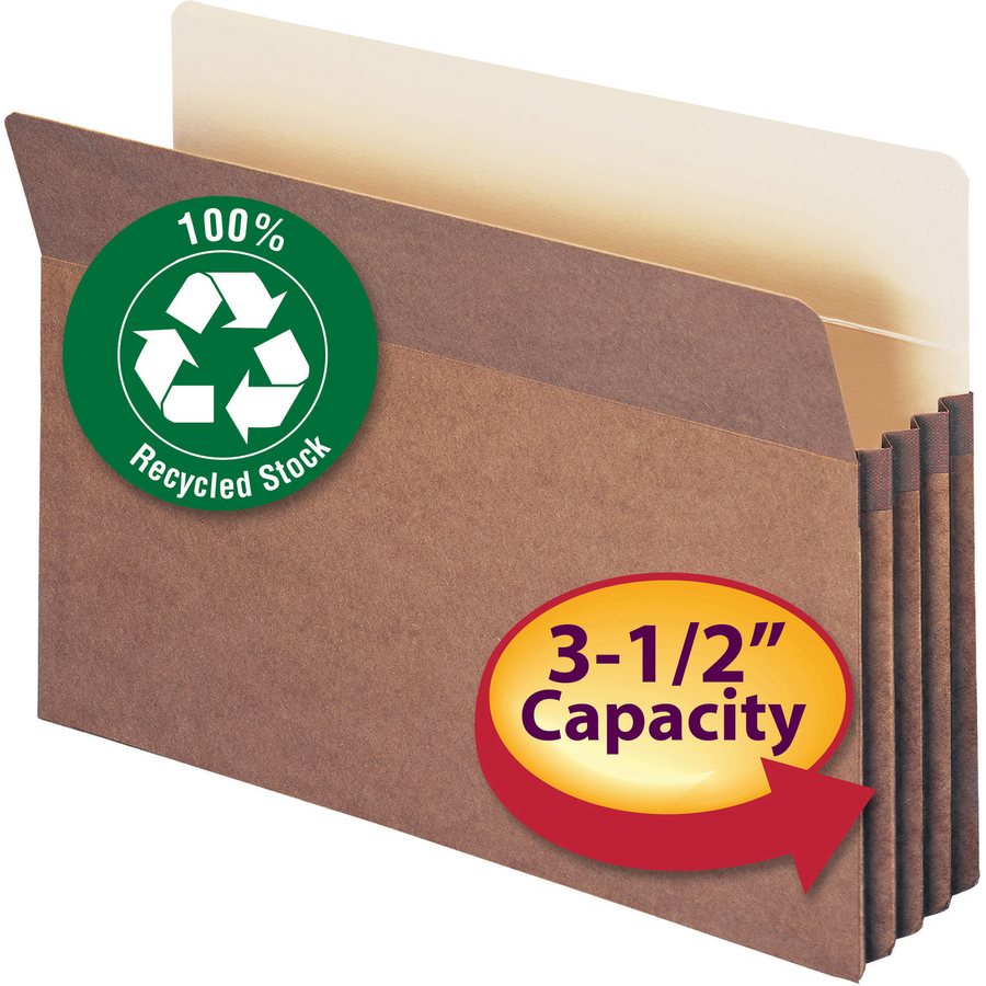 Smead Straight Tab Cut Legal Recycled File Pocket - 9 1/2" x 14 5/8" - 3 1/2" Expansion - Redrope, Manila - 100% Recycled - 25 / Box = SMD74205
