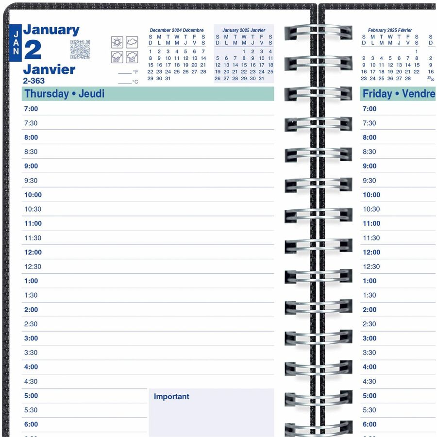 Blueline Duraflex C1504V Planner - Julian Dates - Daily - 2012 - 7:00 AM to 7:30 PM - Half-hourly - 8" x 5" Sheet Size - Twin Wire - Black - Poly - Bilingual, Appointment Schedule, Notepad, Expense Form, Address Directory, Phone Directory, Heavy Duty, Tex - Appointment Books & Planners - BLIC1504V81BT