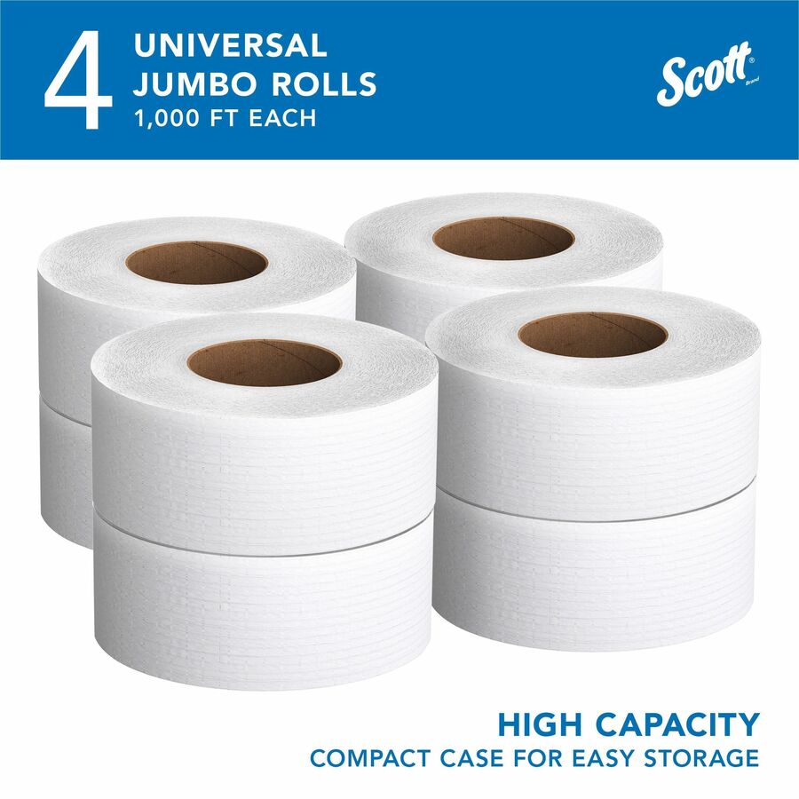 Scott High-Capacity Jumbo Roll Toilet Paper - 2 Ply - 3.50" x 1000 ft - 9" Roll Diameter - White - Fiber - 4 / Carton