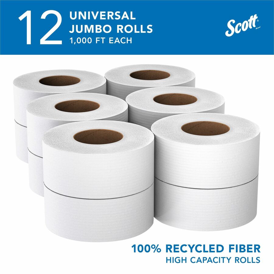 Scott JRT Bathroom Tissue - 2 Ply - 3.6" x 1000 ft - White - Fiber - Strong, Absorbent, Eco-friendly - For Bathroom - 12 / Carton = KCC67805