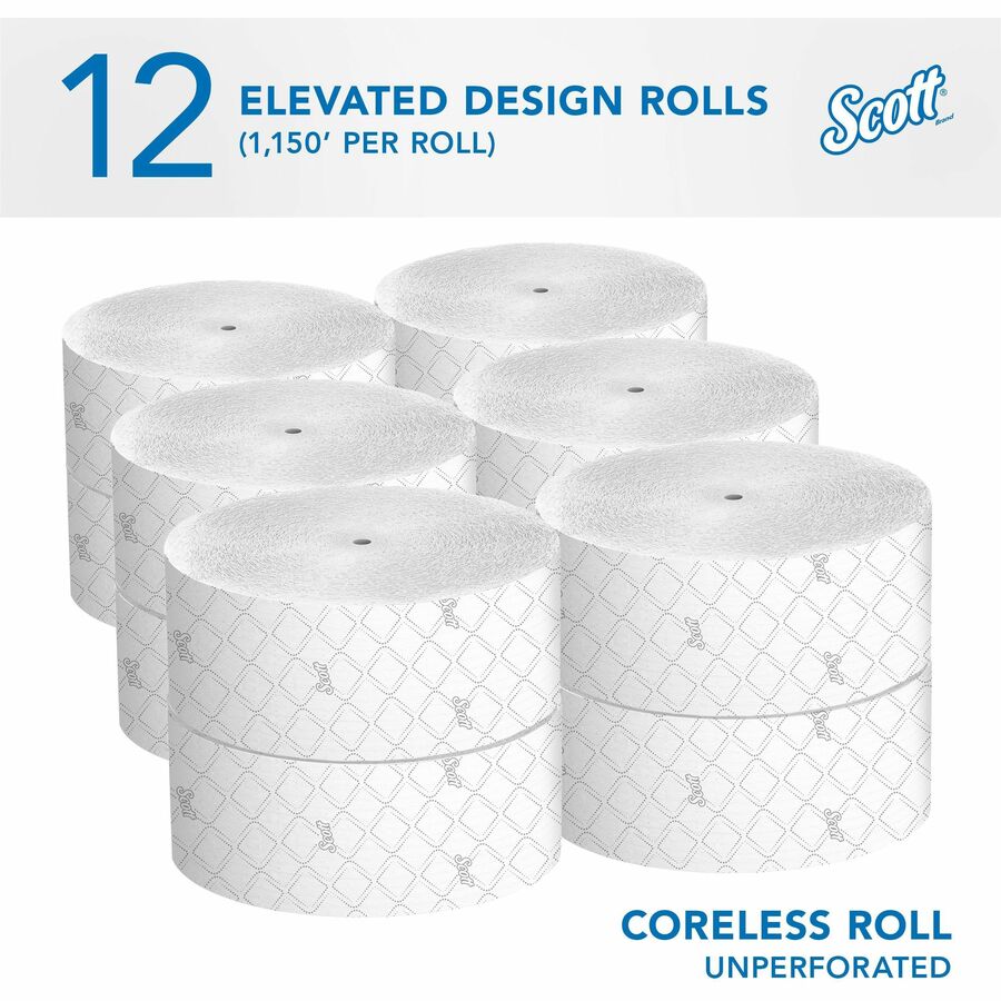 Scott Coreless High-Capacity Jumbo Roll Toilet Paper with Elevated Design - 2 Ply - 3.78" x 1150 ft - White - Fiber - 12 / Carton