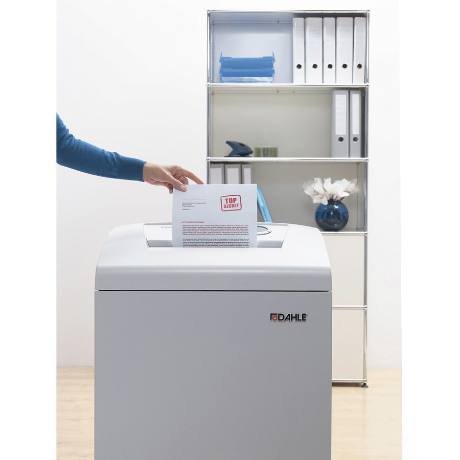 Dahle 40334 High Security Paper Shredder - Extreme Cross Cut - 7 Per Pass - 0.039" x 0.185" Shred Size - P-7 - 22 ft/min - 10.25" Throat - 10 Minute Run Time - 20 Minute Cool Down Time - 23 gal Wastebin Capacity - 1416.83 W - Gray