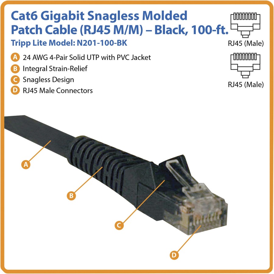Tripp Lite by Eaton Cat6 Gigabit Snagless Molded (UTP) Ethernet Cable (RJ45 M/M) PoE Black 100 ft. (30.5 m)