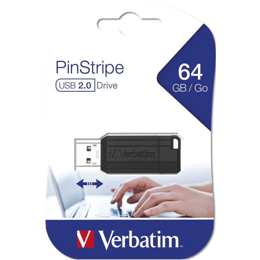 Verbatim 64GB Pinstripe USB Flash Drive - Black - 64 GB - USB 2.0 Type A - 10 MB/s Read Speed - 4 MB/s Write Speed - Black - Lifetime Warranty - 1 Each = VER49065