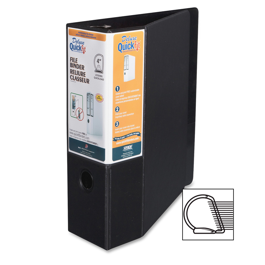 QuickFit QuickFit Locking D-ring Deluxe File Binder - 4" Binder Capacity - 650 Sheet Capacity - D-Ring Fastener(s) - 2 Internal Pocket(s) - Vinyl - Black - Recycled - Label Holder, Hinged, Heavy Duty, Finger Hole, Reinforced, Antimicrobial, Ink-transfer R = RGO28061