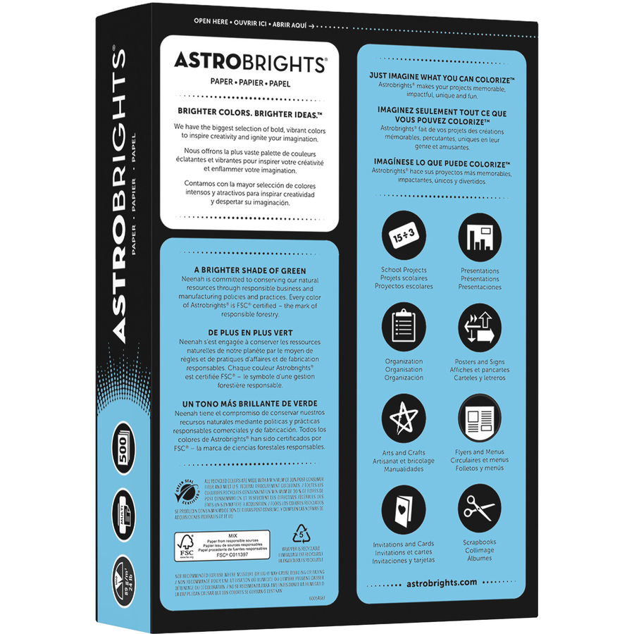 Astrobrights Inkjet, Laser Colored Paper - Lunar Blue - Letter - 8 1/2" x 11" - 24 lb Basis Weight - Smooth - 500 / Pack - Copy & Multi-Use Coloured Paper - NEE22521