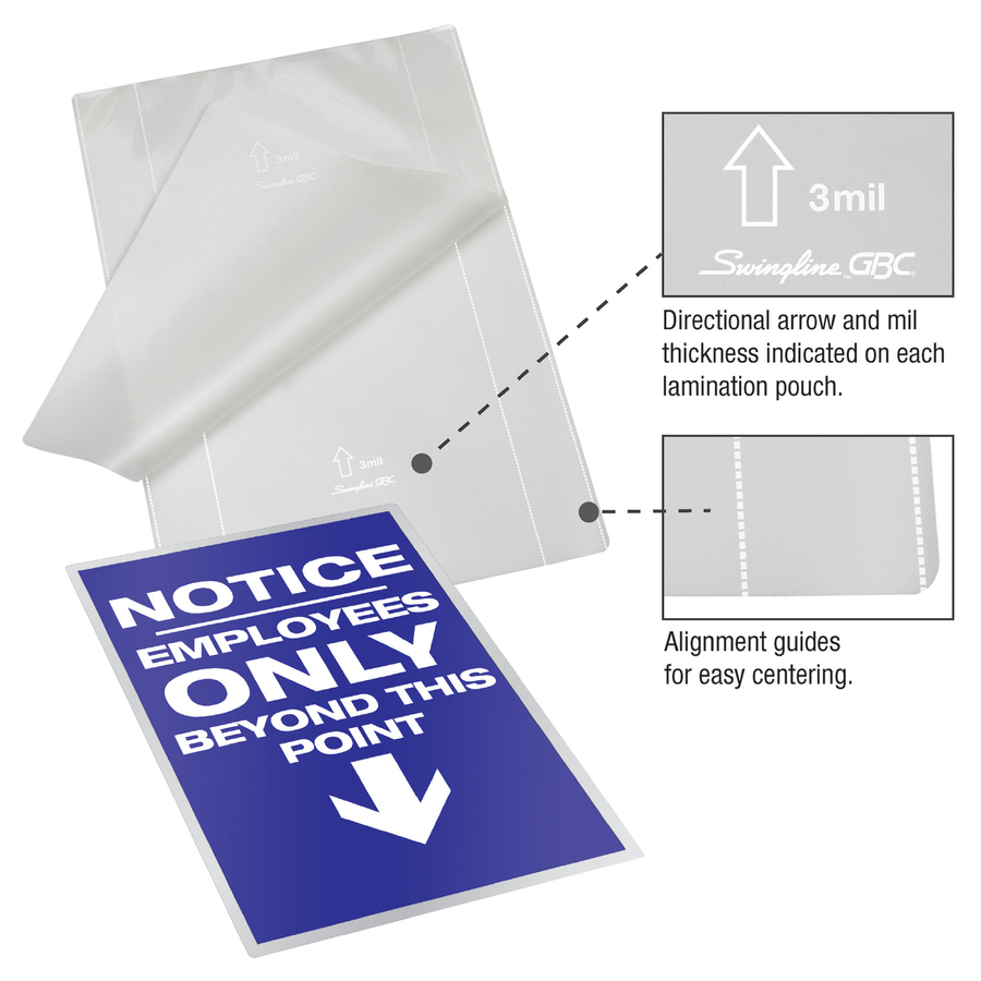 Swingline Laminating Pouch - Sheet Size Supported: Letter 8.50" (215.90 mm) Width x 11" (279.40 mm) Length - Laminating Pouch/Sheet Size: 10 mil Thickness - for Letter - 50 / Box - Laminating Supplies - GBC02391
