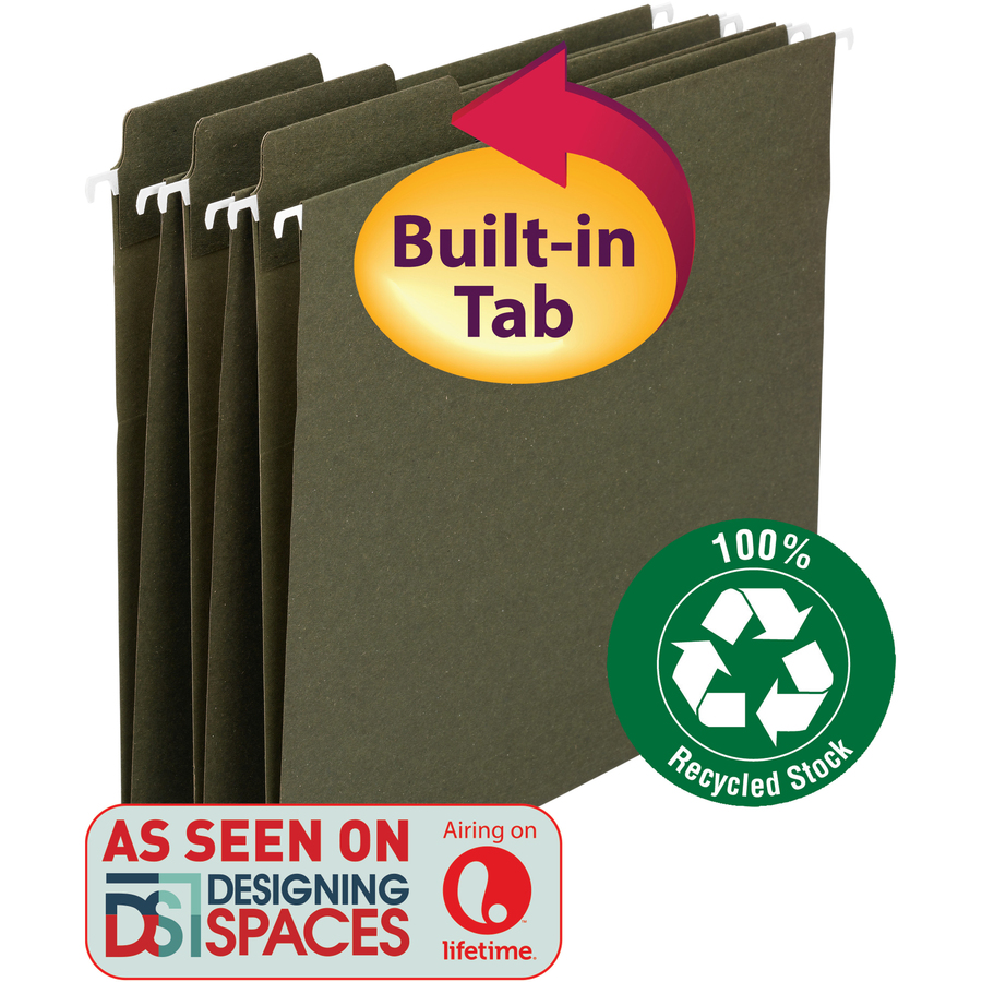 Smead FasTab 1/3 Tab Cut Letter Recycled Hanging Folder - 8 1/2" x 11" - Top Tab Location - Assorted Position Tab Position - Standard Green - 100% Paper Recycled - 20 / Box