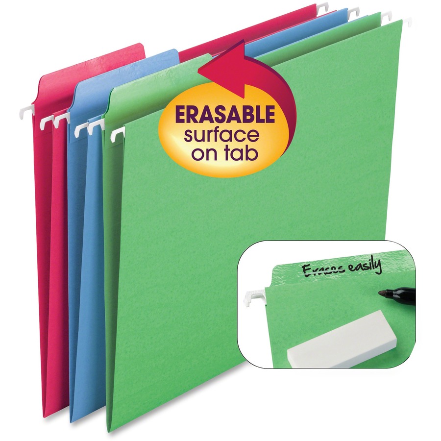 Smead FasTab 1/3 Tab Cut Letter Recycled Hanging Folder - 8 1/2" x 11" - Top Tab Location - Assorted Position Tab Position - Blue, Green, Red - 10% Paper Recycled - 18 / Box