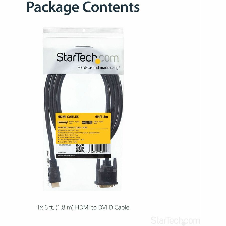 StarTech.com HDMI to DVI Cable - 6 ft / 2m - HDMI to DVI-D Cable - HDMI Monitor Cable - HDMI to DVI Adapter Cable - Connect an HDMI-enabled output device to a DVI-D display, or a DVI-D output device to an HDMI-capable display - 6ft HDMI to dvi - 6ft HD to - AV Cables - STCHDMIDVIMM6