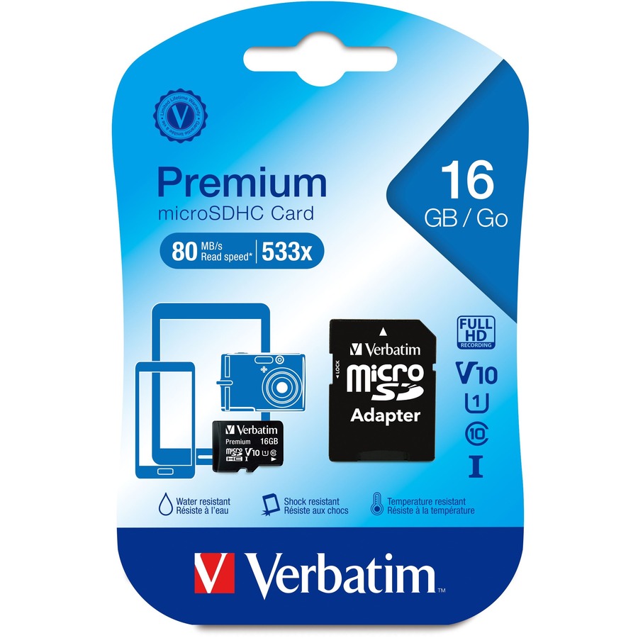 Verbatim 16GB Premium microSDHC Memory Card with Adapter, UHS-I V10 U1 Class 10 - 45 MB/s Read - Lifetime Warranty - Memory Cards/Sticks - VER44082