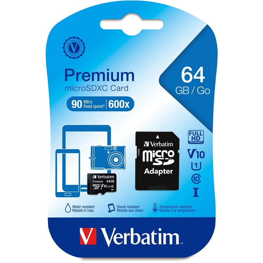 Verbatim 64GB Premium microSDXC Memory Card with Adapter, UHS-I V10 U1 Class 10 - 70 MB/s Read - Lifetime Warranty = VER44084