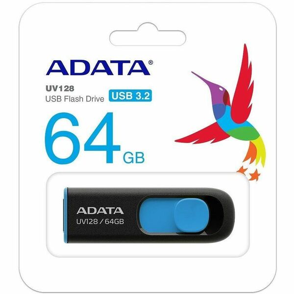 ADATA DashDrive UV128 64GB Retractable USB 3.0 Flash Drive, Black/Blue