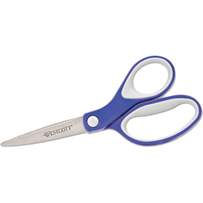 Westcott KleenEarth Soft Handle Scissors - 2.25" (57.15 mm) Cutting Length - 7" (177.80 mm) Overall Length - Straight - Stainless Steel - Pointed Tip - Blue/Gray - 1 Each = ACM15553