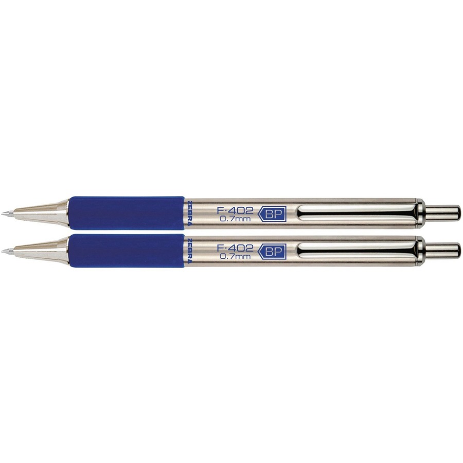 Zebra STEEL 4 Series F-402 Retractable Ballpoint Pen - Fine Pen Point - 0.7 mm Pen Point Size - Refillable - Retractable - Blue - Stainless Steel Barrel - 2 / Pack