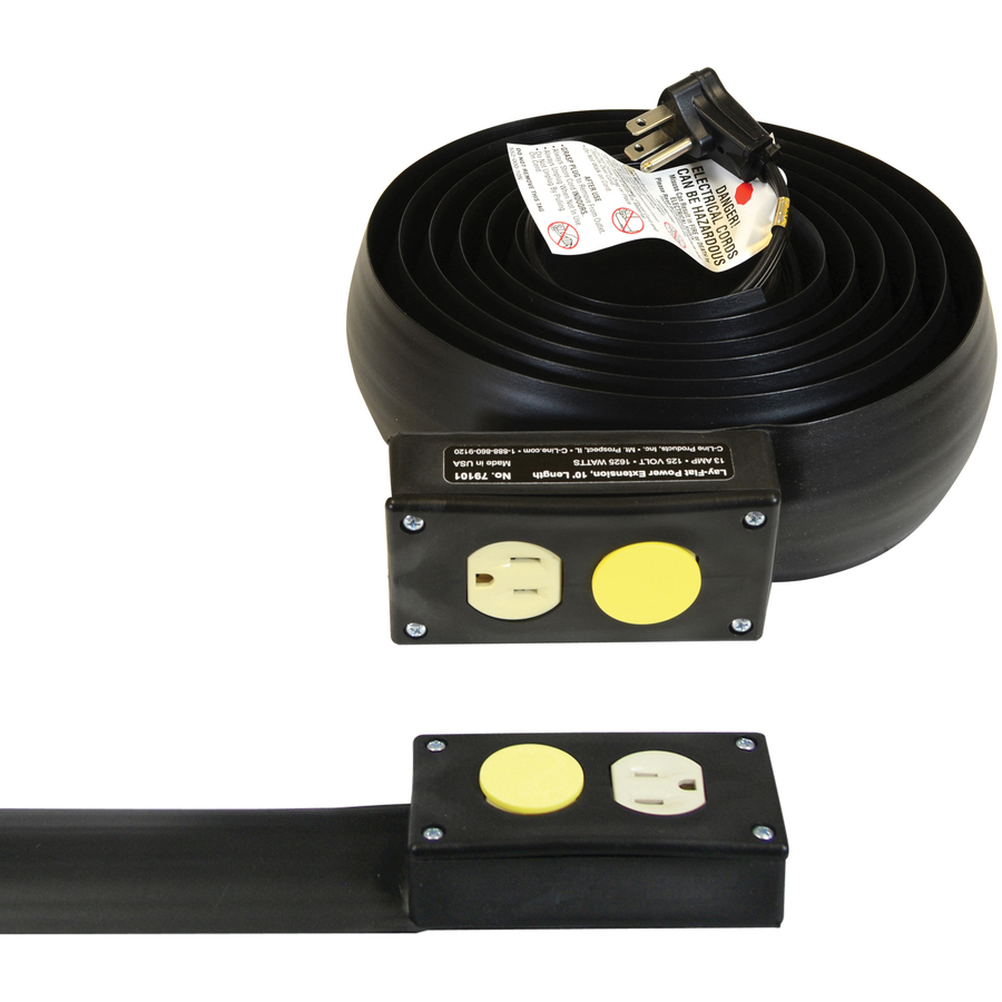 C-Line Lay-Flat Power Extension / Cord Cover - 16 Gauge - 125 V AC / 13 A - Black - 10 ft Cord Length - 1 - Extension Cords - CLI79101