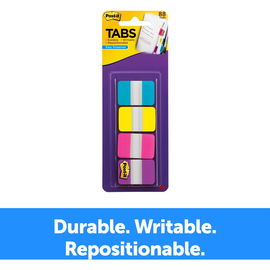 Post-it® Tabs - 88 Write-on Tab(s) - 1.50" Tab Height x 1" Tab Width - Blue, Yellow, Pink, Purple Tab(s) - Repositionable - 88 / Pack