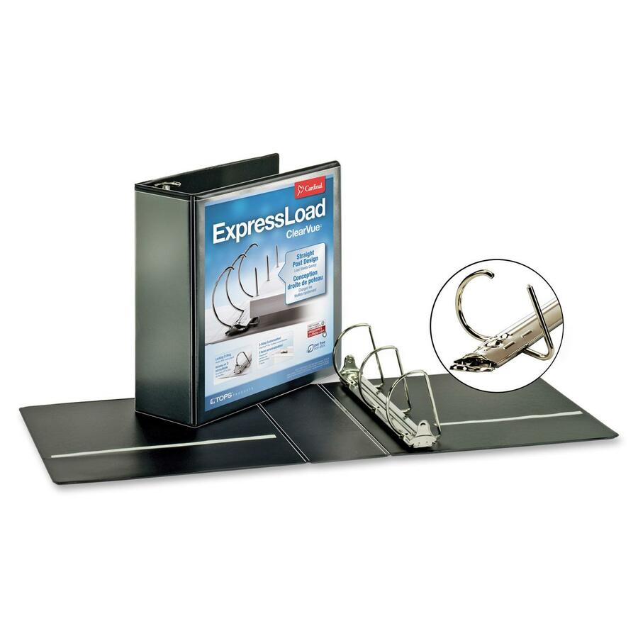 Cardinal ExpresLoad ClearVue Lockg D-ring Binders - 3" Binder Capacity - Letter - 8 1/2" x 11" Sheet Size - D-Ring Fastener(s) - Internal Pocket(s) - Poly - Black - 843.7 g - Locking Ring, PVC-free, Non-stick, Damage Resistant, Clear Overlay, Non-glare, C - Presentation / View Binders - CRD49131
