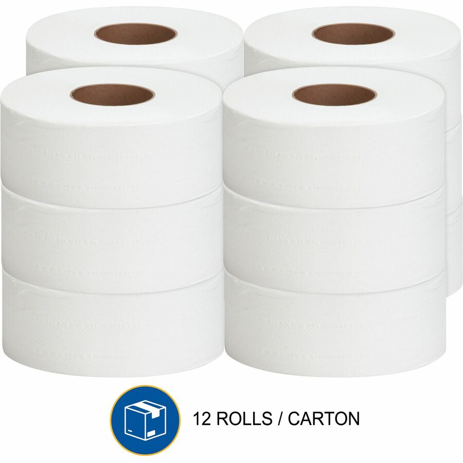 Genuine Joe Jumbo Roll Bath Tissues - 2 Ply - 3.25" Width x 1000 ft Length - 9" Roll Diameter - 3.30" Core - White - 12 / Carton