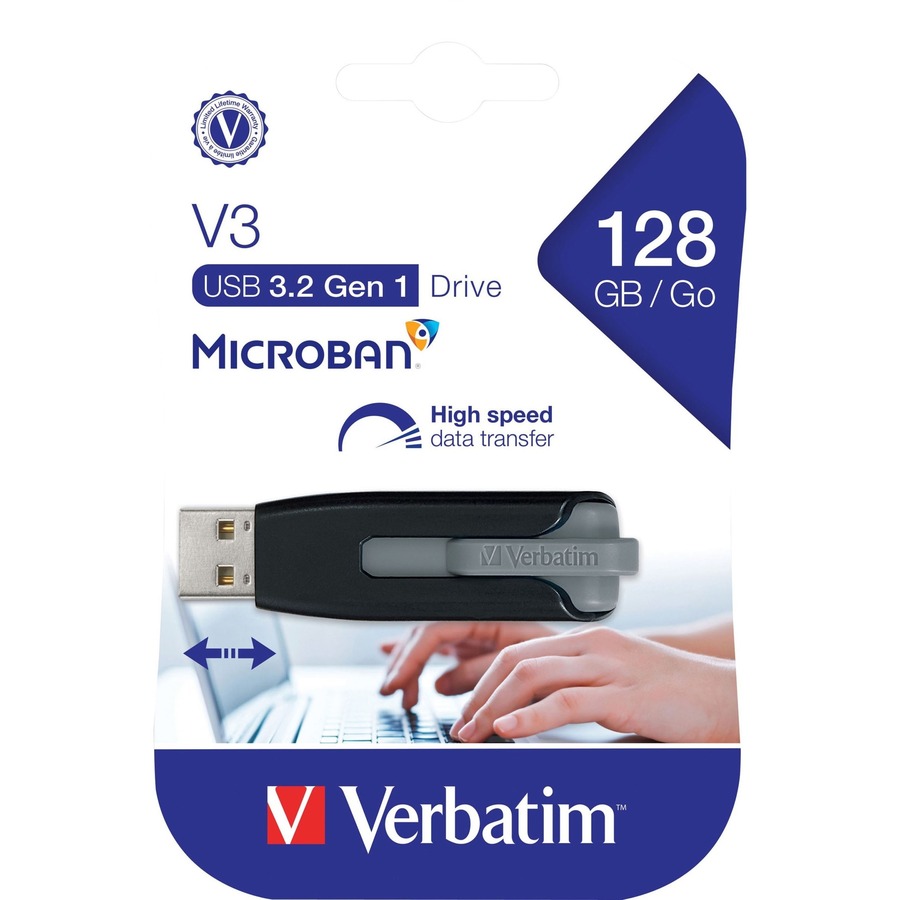 Microban 128GB Store 'n' Go V3 USB 3.2 Gen 1 Flash Drive - Gray - 128 GB - USB 3.2 (Gen 1) Type A - 80 MB/s Read Speed - 25 MB/s Write Speed - Gray - Lifetime Warranty - 1 Each = VER49189