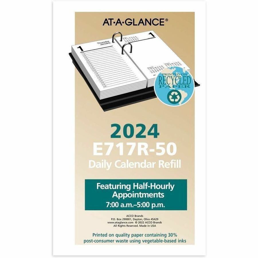 At-A-Glance Recycled Loose-Leaf Desk Calendar Refill - Standard Size - Julian Dates - Daily - 12 Month - January 2024 - December 2024 - 7:00 AM to 5:00 PM - Half-hourly - 1 Day Double Page Layout - 3 1/2" x 6" White Sheet - 2-ring - Desktop - Paper - 6" H