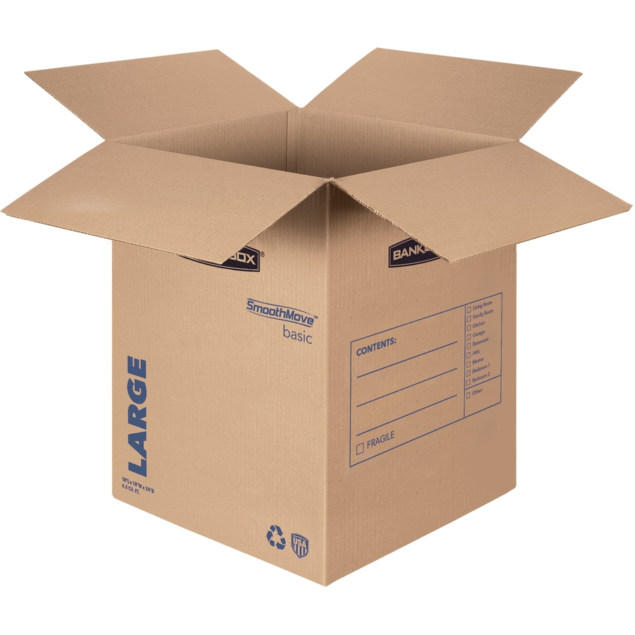 Fellowes SmoothMove Basic Large Moving Boxes - Internal Dimensions: 18" Width x 18" Depth x 24" Height - External Dimensions: 18.3" Width x 18.3" Depth x 24.8" Height - Kraft, Black - Recycled - 15 / Carton