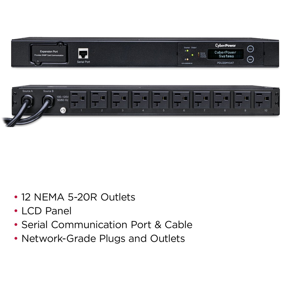 CyberPower PDU20MT10AT Metered ATS PDU 120V 20A 1U 10-Outlets (2) L5-20P - Metered - NEMA L5-20P - 10 x NEMA 5-20R - 120 V AC - Network (RJ-45) - 1U - Horizontal - Rack-mountable