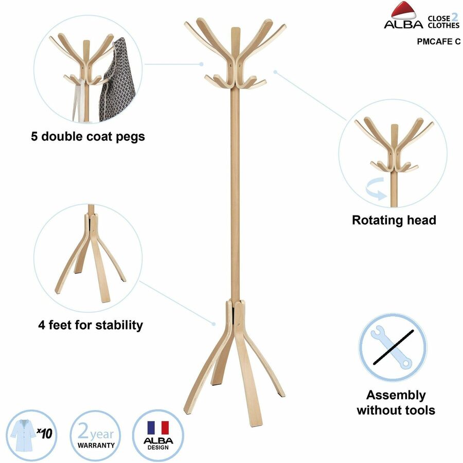 Alba High-capacity Wood Coat Stand - 10 Pegs - for Coat, Clothes - Wood - Light Brown - 1 Each