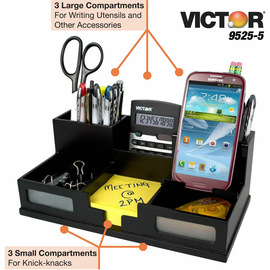 Victor 9525-5 Midnight Black Desk Organizer with Smart Phone Holder™ - 6 Compartment(s) - 4.0" Height x 5.5" Width x 10.4" Depth - Black - Frosted Glass, Wood, Rubber - 1Each