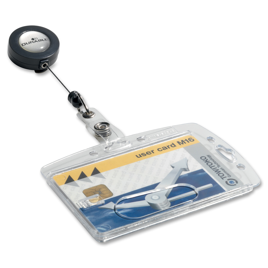 DURABLE Badge Reel Shell-Style ID Card Holder - Horizontal, Vertical - 31.50" (800 mm) - Acrylic - 10 / Box - Transparent - Name Badge Holders - DBL801219