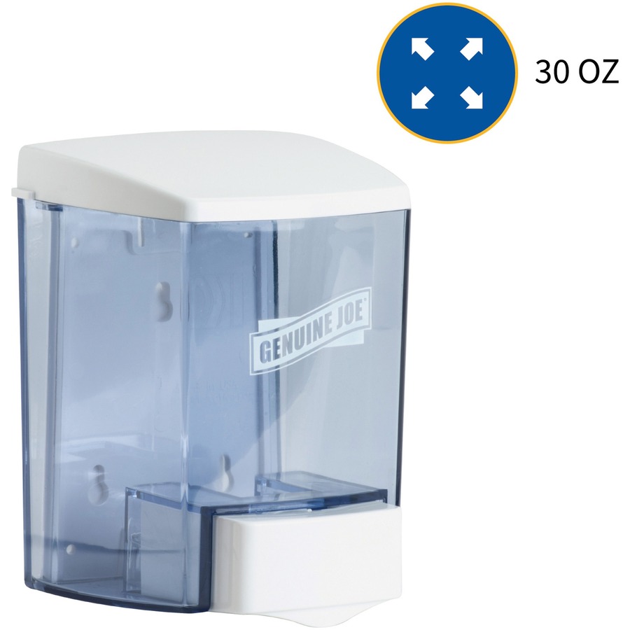 Genuine Joe 30 oz Soap Dispenser - Manual - 30 fl oz Capacity - See-through Tank, Water Resistant, Soft Push - 1Each