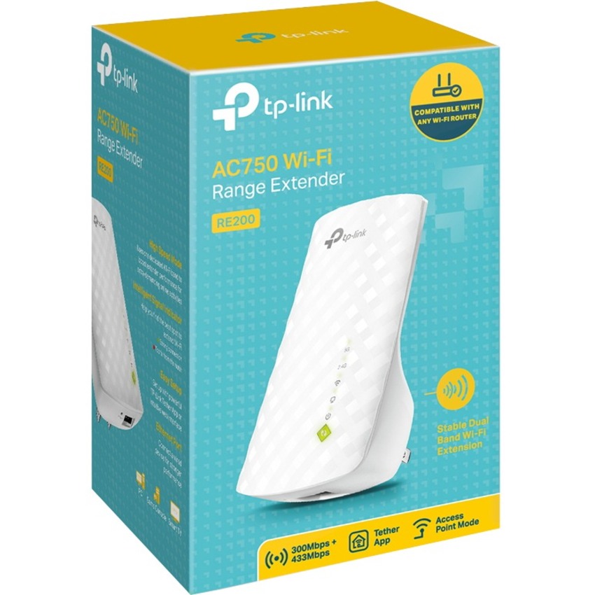 TP-Link RE200 IEEE 802.11ac 750 Mbit/s Wireless Range Extender - 2.40 GHz, 5 GHz - 1 x Network (RJ-45) - Ethernet, Fast Ethernet - Wall Mountable - 1 Pack - Range Extenders - TPLRE200