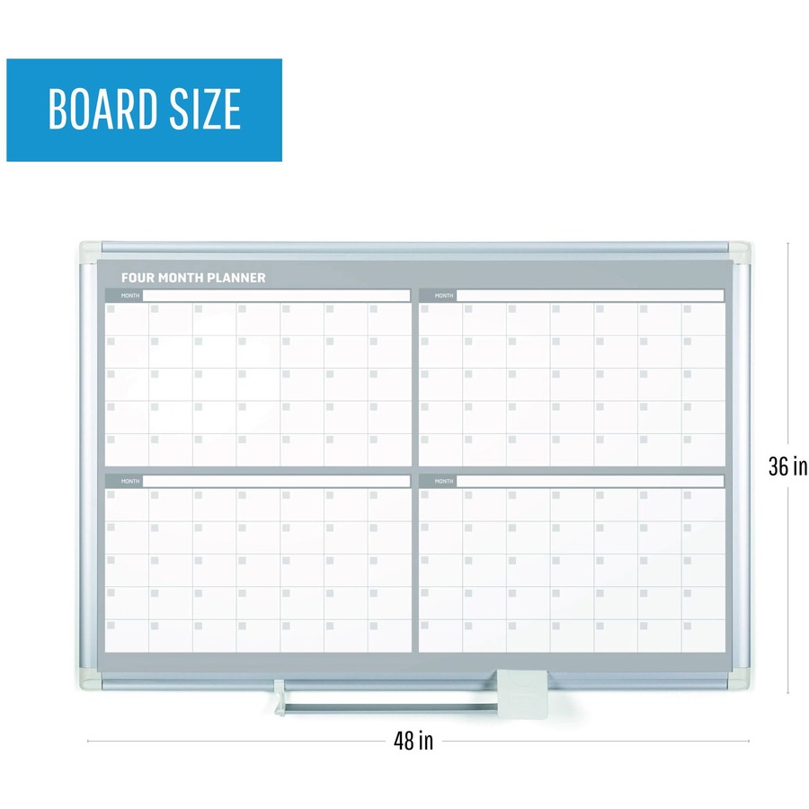 MasterVision Magnetic Gold Ultra 4 Month Planner - Monthly - 4 Month - Silver, White - Aluminum - 36" Height x 48" Width - Scratch Resistant, Ghost Resistant, Accessory Tray, Dry Erase Surface, Heavy Duty, Magnetic - 1 Each