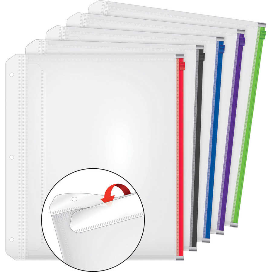 Cardinal Zipper Binder Pockets - 0.50" Maximum Capacity - 100 x Sheet Capacity - For Letter 8 1/2" x 11" Sheet - 3 x Holes - Ring Binder - Rectangular - Blue, Black, Red, Purple, Green - Poly - 5 / Pack