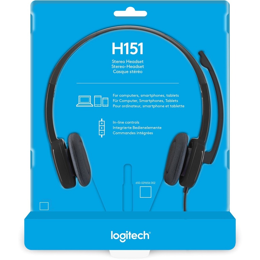 Logitech H151 Stereo Headset with Rotating Boom Mic (Black) - Stereo - 3.5MM AUDIO JACK CONNECTION - Wired - In-Line Control - 22 Ohm - 20 Hz - 20 kHz - Over-the-head - 5.9 ft Cable - Black - Stereo - Mini-phone (3.5mm) - Wired - 22 Ohm - 20 Hz - 20 kHz -