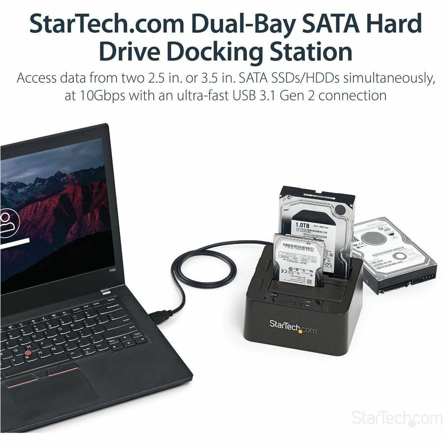 StarTech Dual-Bay USB 10Gbps to SATA Hard Drive Docking Station, 2.5/3.5" SATA I/II/III, SSD/HDD Dock, USB Hard Drive Bay, Top-Loading