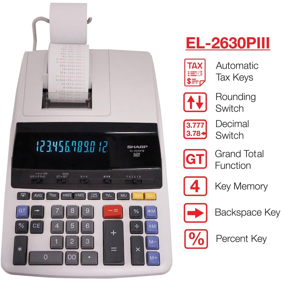 Sharp Calculators EL-2630PIII 12-Digit Commercial Printing Calculator - 4.8 - Independent Memory, Sign Change, Backspace Key, Double Zero, Fixed Decimal - AC Supply Powered - 3.1" x 9" x 13.2" - Off White - 1 Each - Printing Calculators - SHREL2630PIII