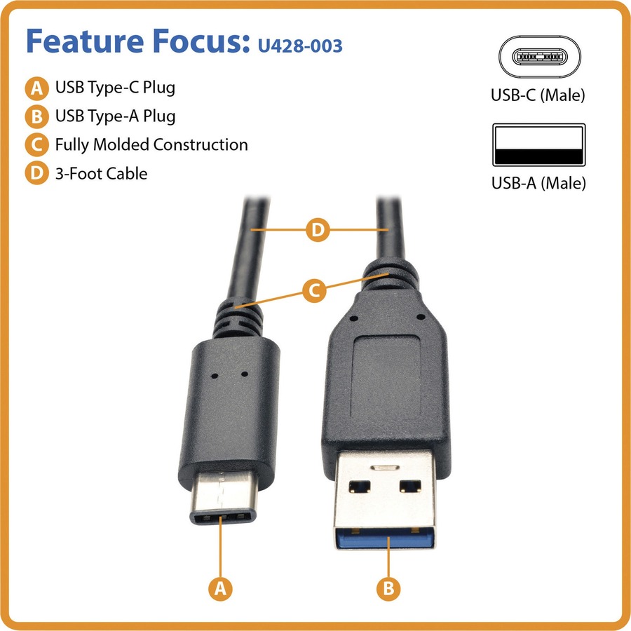 Tripp Lite by Eaton USB-C to USB-A Cable (M/M) USB 3.2 Gen 1 (5 Gbps) Thunderbolt 3 Compatible 3 ft. (0.91 m)