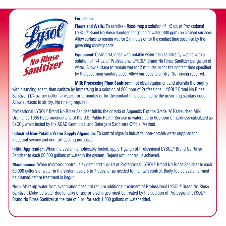 Professional Lysol No Rinse Sanitizer - For Sink, Floor, Wall, Bathtub, Food Service Area - Concentrate - 128 fl oz (4 quart) - 4 / Carton - Disinfectant, Anti-bacterial