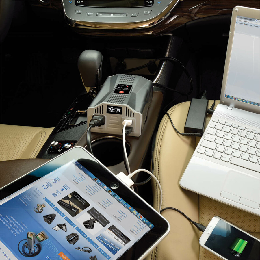 Tripp Lite by Eaton 200W PowerVerter Ultra-Compact Car Inverter with Outlet and 2 USB Charging Ports