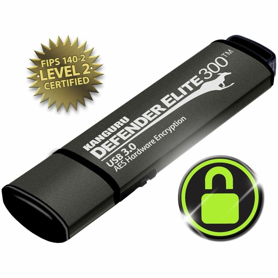 Kanguru Defender Elite300™ FIPS 140-2 Certified, AES XTS 256-Bit Hardware Encrypted USB 3 Secure Flash Drive with Physical Write Protect Switch, 128G
