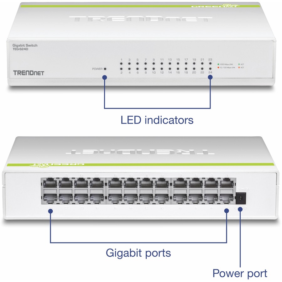 TRENDnet 24-Port Gigabit GREENnet Switch; QoS; 48 Gbps Switching Fabric; Fanless; Plug & Play; Half & Full Duplex; TEG-S24D