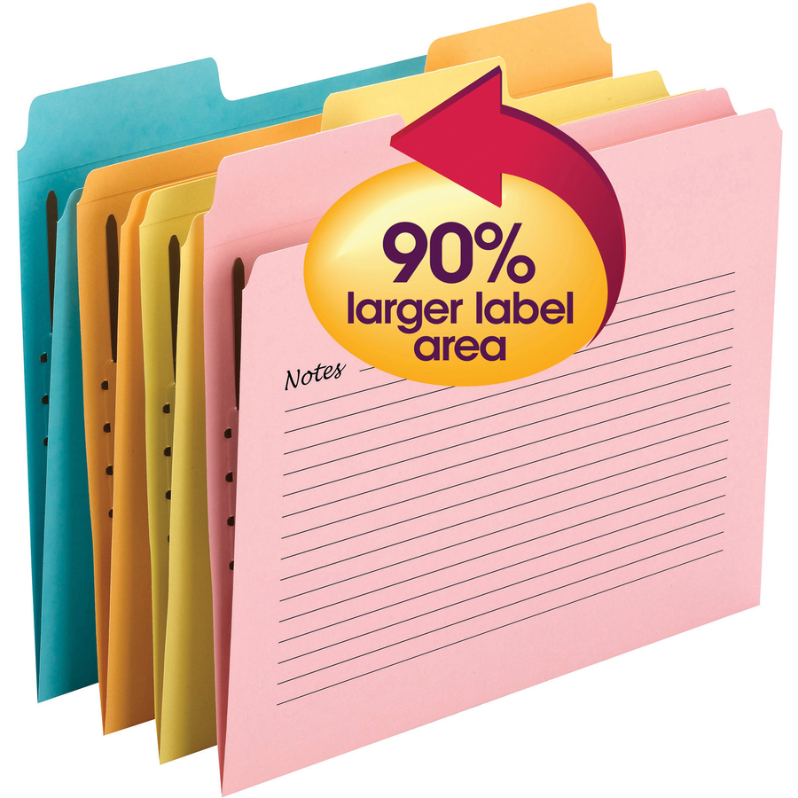 Smead SuperTab 1/3 Tab Cut Letter Recycled Top Tab File Folder - 8 1/2" x 11" - 1 x 2K Fastener(s) - Top Tab Location - Pink, Yellow, Goldenrod, Aqua - 10% Recycled - 24 / Pack