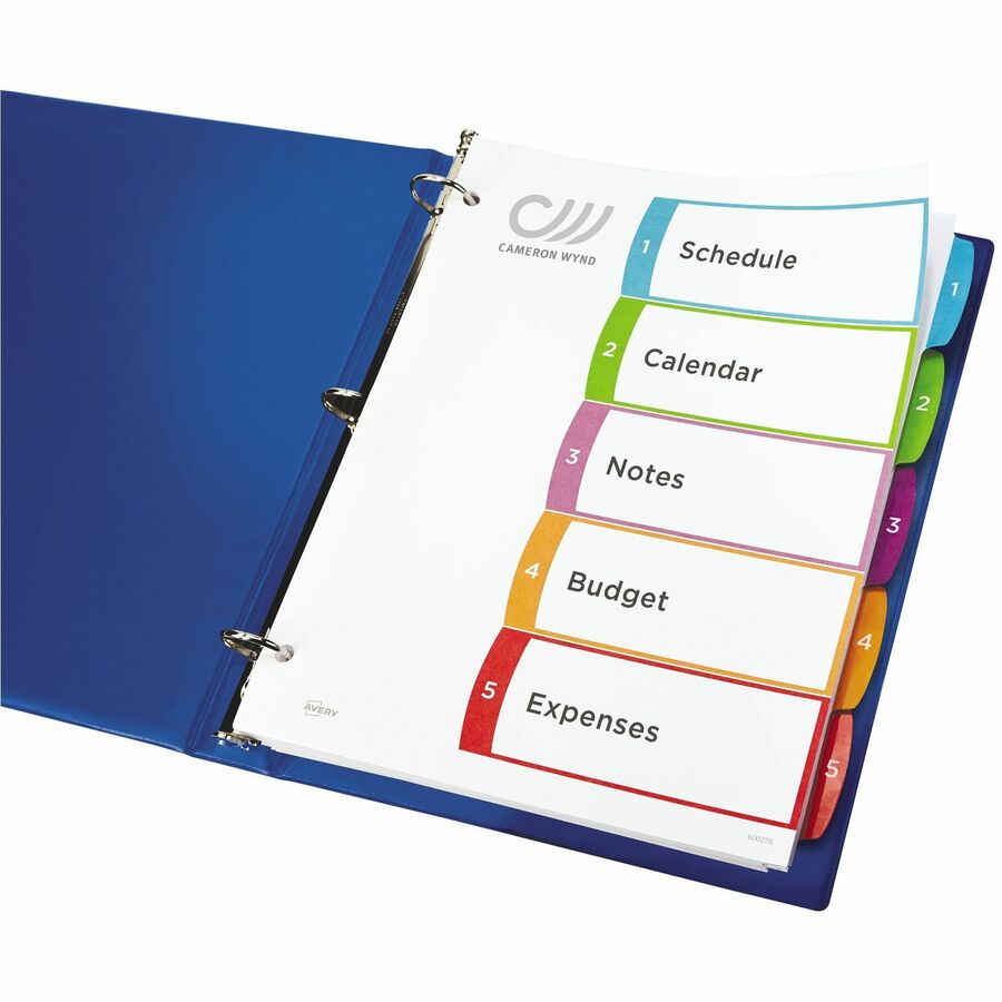 Avery® Ready Index Custom TOC Binder Dividers - 5 x Divider(s) - 1-5, Table of Contents - 5 Tab(s)/Set - 8.50" Divider Width x 11" Divider Length - 3 Hole Punched - White Paper Divider - Multicolor Paper Tab(s) - 5 / Set = AVE11840