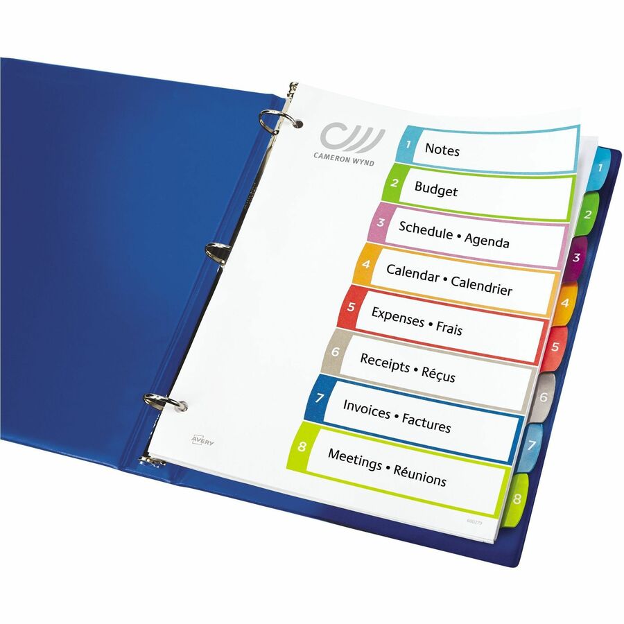 Avery® Ready Index Custom TOC Binder Dividers - 8 x Divider(s) - Table of Contents, 1-8 - 8 Tab(s)/Set - 8.50" Divider Width x 11" Divider Length - 3 Hole Punched - White Paper Divider - Multicolor Paper Tab(s) - 8 / Set - Index Dividers - AVE11841