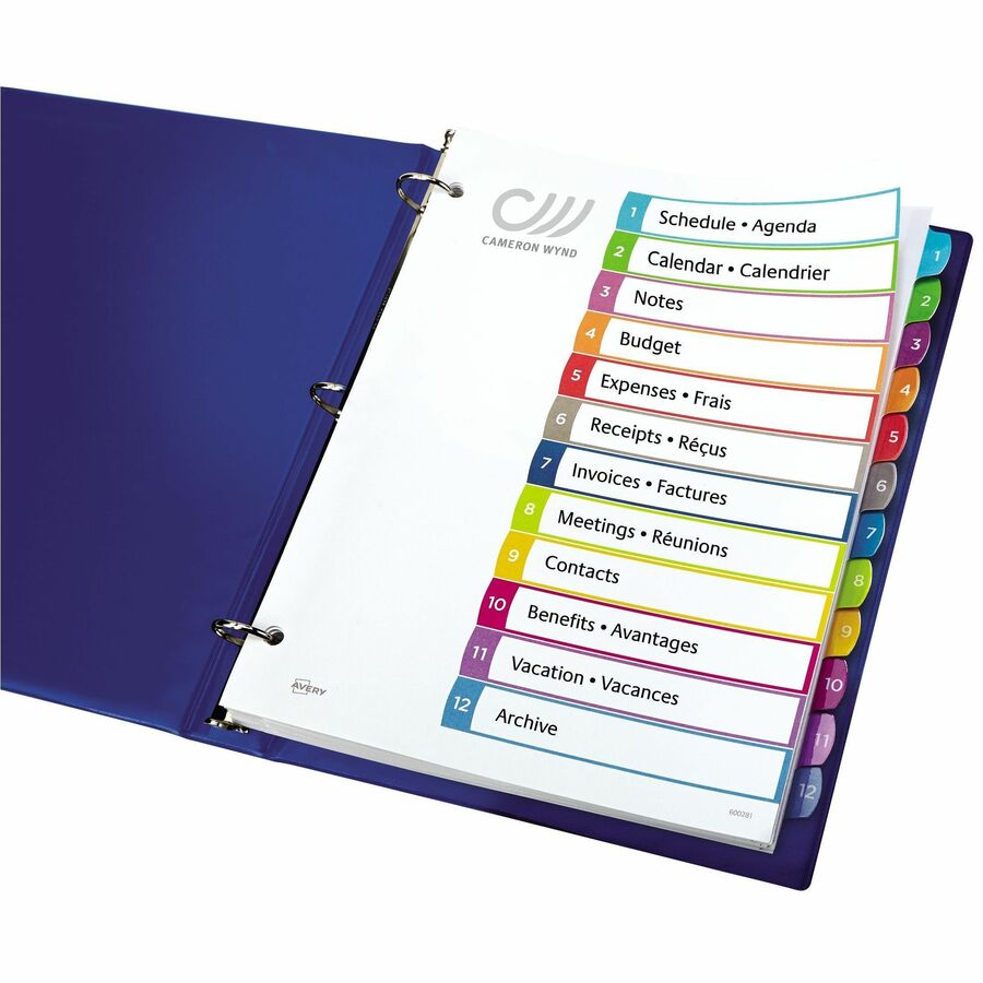 Avery® Ready Index Custom TOC Binder Dividers - 12 x Divider(s) - 1-12, Table of Contents - 12 Tab(s)/Set - 8.50" Divider Width x 11" Divider Length - 3 Hole Punched - White Paper Divider - Multicolor Paper Tab(s) - 12 / Set - Index Dividers - AVE11843