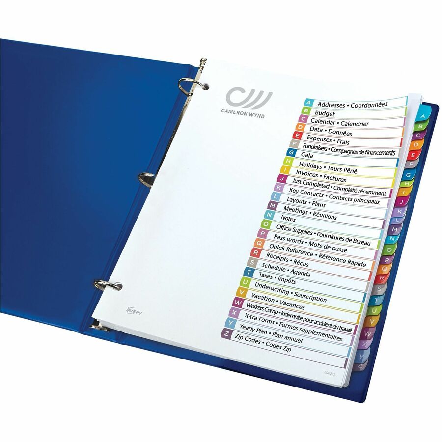 Avery® A-Z Arched Tab Custom TOC Dividers Set - 26 x Divider(s) - Table of Contents, A-Z - 26 Tab(s)/Set - 8.50" Divider Width x 11" Divider Length - 3 Hole Punched - White Paper Divider - Multicolor Paper Tab(s) - 26 / Set - Index Dividers - AVE11844