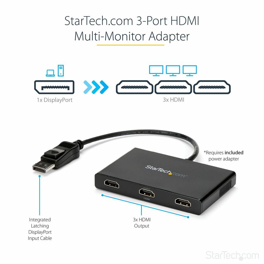 StarTech.com 3-Port Multi Monitor DisplayPort to HDMI MST Hub, Triple 1080p, Video Splitter for Extended Desktop Mode, Windows - 3-port DisplayPort to HDMI multi-monitor adapter drives 3x 1080p 60Hz or
